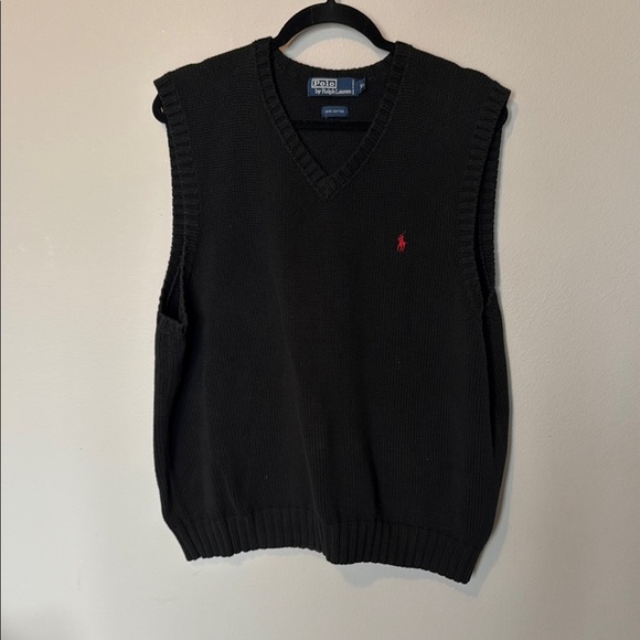 Vintage Polo Ralph Lauren Black Sweater Vest Red Polo Logo Mens XL 100% cotton - Picture 1 of 9